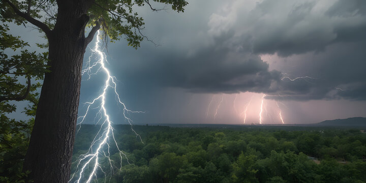 A macro shot of a single lightning bolt splitting a tree, zooming out to show a storm raging across a dense forest, 8K resolution