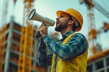 Construction leader communicates with team using megaphone at a busy job site in the afternoon