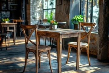 Fototapeta premium Cozy rustic dining area with wooden table and chairs in a sunlit cafe setting during afternoon hours