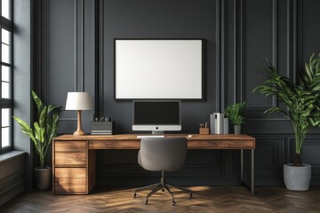 Stylish workspace with modern desk and computer in a dark-themed room with plants and decor