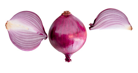 Top view of fresh red or purple onion with half and quarter in set isolated with clipping path in...