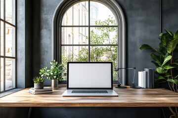 Modern workspace with greenery view and minimalist design elements during daytime