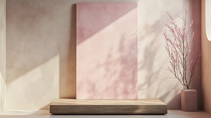 Elegant wooden display stand with a soft pastel pink frame in the background. picture