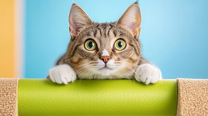 Playful Cat with Bright Green Eyes Peering Over a Colorful Surface