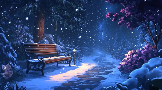 Snowy park bench night scene; winter wonderland path
