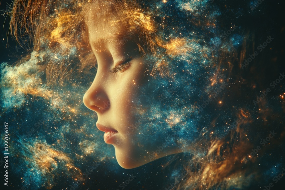 Aufkleber Child's profile merging with cosmic colors and patterns to create a surreal visual experience evoking imagination and wonder