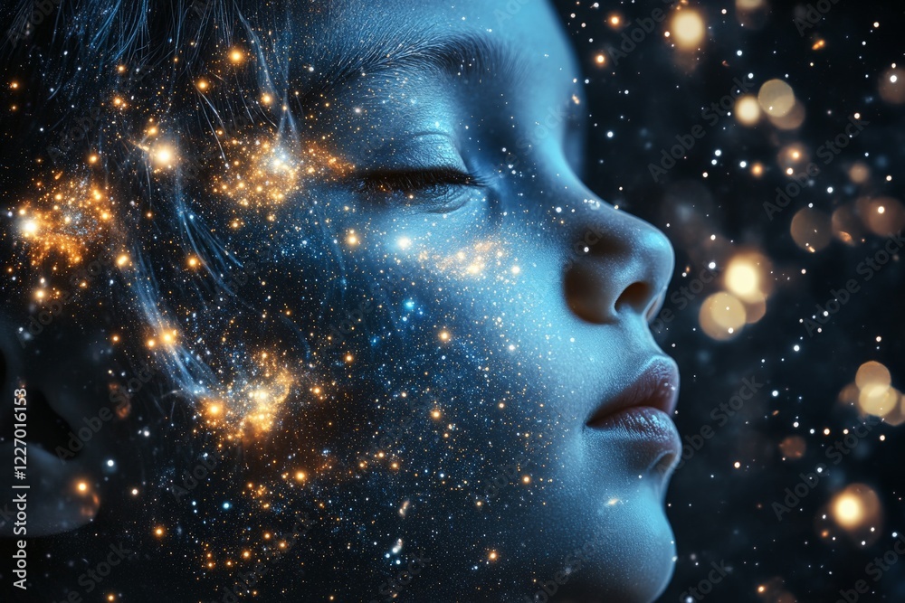 Aufkleber child dreaming with a cosmic sky of stars and galaxies swirling around them in a serene night settin