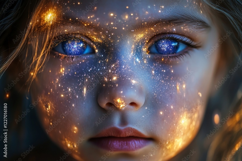 Poster Child with cosmic-themed face and sparkling eyes gazing at the universe during twilight in a surreal setting