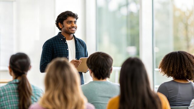 An Indian student presenting in front of classmates, with a blurred classroom behind.
a student delivering a presentation, with the classroom background blurred to draw attention to the presenter. 