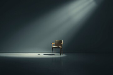 A wooden chair sits in a dark room with sunlight streaming in, emphasizing the contrast between light and shadow on the wooden floor.