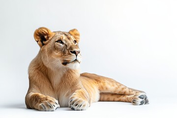 Obraz premium Magnificent lioness rests, gazing upward.