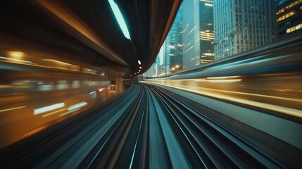 Fototapeta premium Fast train moving at night time on railway tracks with a blurred urban backdrop at a rapid speed