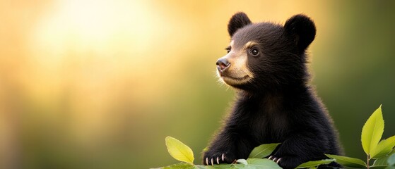 A curious black bear cub gazes into the distance, surrounded by vibrant greenery and soft, warm lighting.