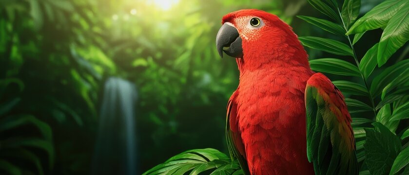 A vibrant red parrot perches among lush green foliage, illuminated by soft sunlight filtering through the jungle, with a waterfall in the background.