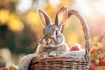 Cute rabbit resting in a woven basket filled with colorful autumn leaves at golden hour in a serene outdoor setting