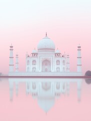 Obraz premium Taj Mahal stands brilliantly with reflections in calm waters, bathed in soft pink hues of early morning light