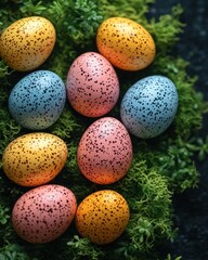 Obraz premium Colorful speckled eggs resting on lush green moss for springtime decor inspiration