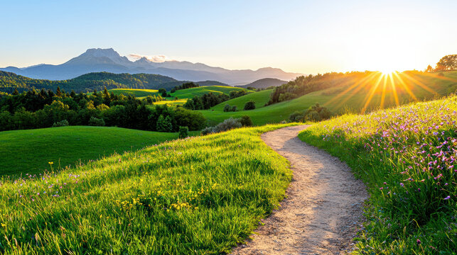 winding dirt trail leads through vibrant green valley, surrounded by mountains and bathed in warm sunlight. scene evokes sense of peace and natural beauty