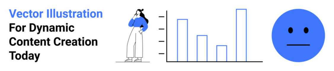 Woman observing bar chart, neutral blue face icon conveying data analysis or emotional feedback. Ideal for analytics, strategy, evaluation, feedback, content creation, emotional study, flat landing