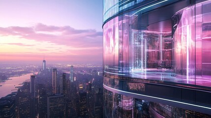Futuristic skyscraper with glass panels and neon lights reflecting the city skyline. picture