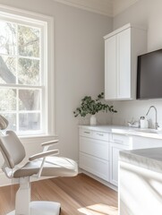 Fototapeta premium Bright dental office features minimalist design, comfy chair, stylish cabinetry, and a sunny atmosphere
