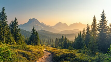 Obraz premium Serene hiking trail through forested mountains at sunrise nature photography peaceful environment scenic view