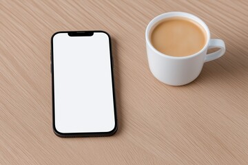 smartphone mockup with blank white screen on wooden desk beside cup of coffee