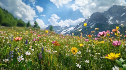 Alpine Meadow with Wildflowers and a Mountain Backdrop, Showcasing Biodiversity