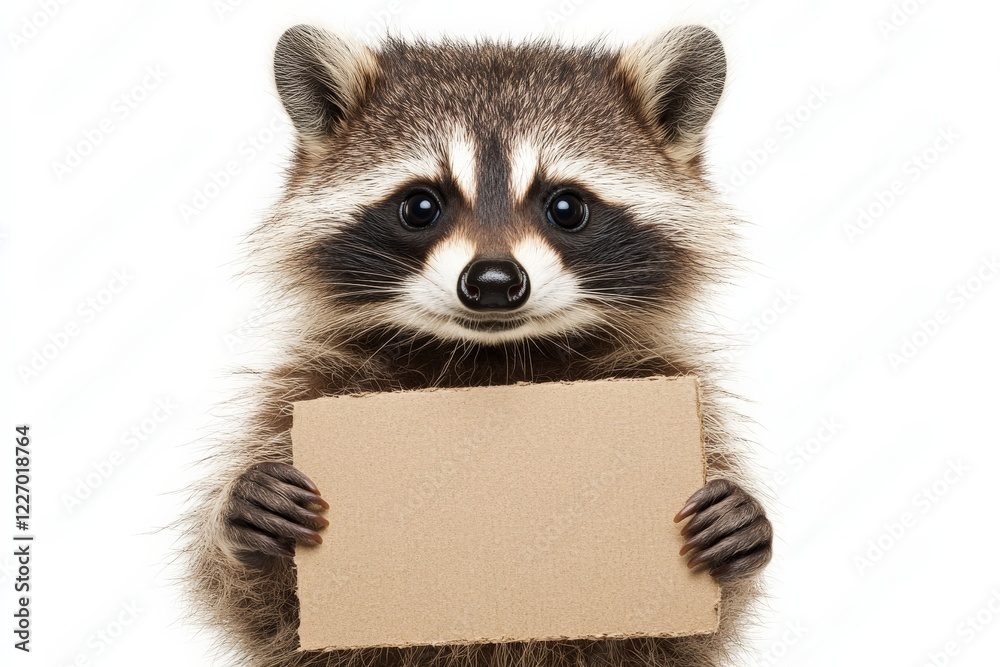 Poster raccoon holding a cardboard sign, showcasing its playful nature and curiosity in a neutral backgroun