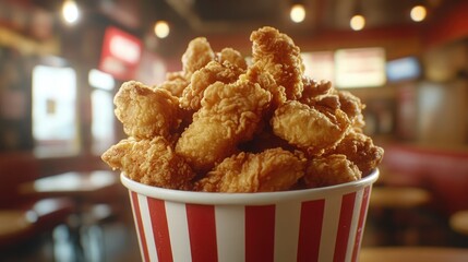 Crispy chicken wings served in a striped bucket at a lively fast food restaurant