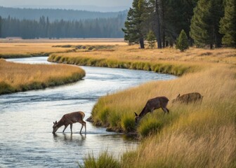A serene landscape featuring deer drinking from a river, surrounded by golden grass and trees, capturing the beauty of nature.