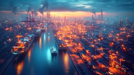 Bustling port at dusk with shipping containers and illuminated cranes