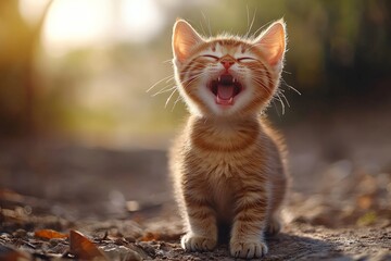 Happy orange kitten enjoying the outdoors at sunset in a serene garden setting