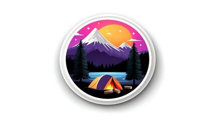 Purple and Orange Sunset Over Mountains with Tent and Campfire