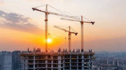 Sunset over city construction site; cranes building high-rise; urban development; real estate