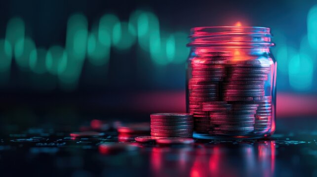 Analyzing financial growth candlestick chart overlay on coins in a jar dark standard setting digital concept - Powered by Adobe