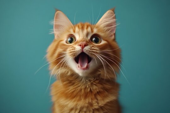 Playful orange kitten expressing joy against a vibrant blue background