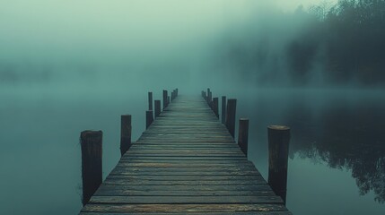 Fototapeta premium Misty lake pier, serene morning, fog, wood, water, reflection, travel, nature, calm