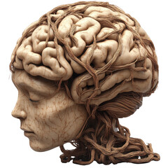 A brain with wires coming out of it isolated on transparent background, PNG