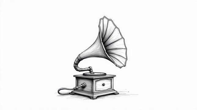 vintage gramophone sketch, black and white clip art preview