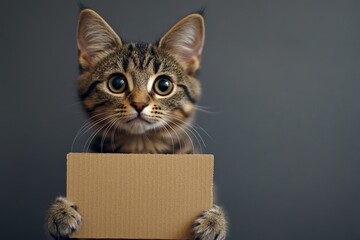 Adorable kitten holding a blank cardboard sign with wide expressive eyes in a simple indoor setting
