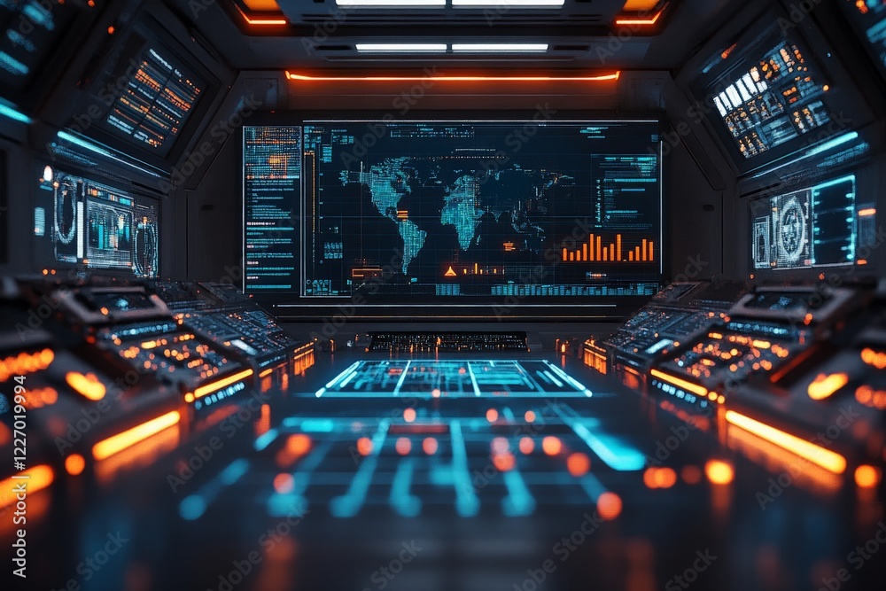 Aufkleber Futuristic control room with advanced technology displays and illuminated interfaces