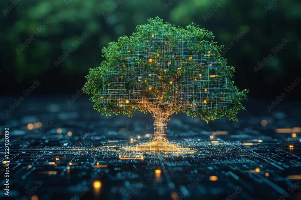 Poster digital tree glowing with lights against a dark technological background symbolizes nature merging w