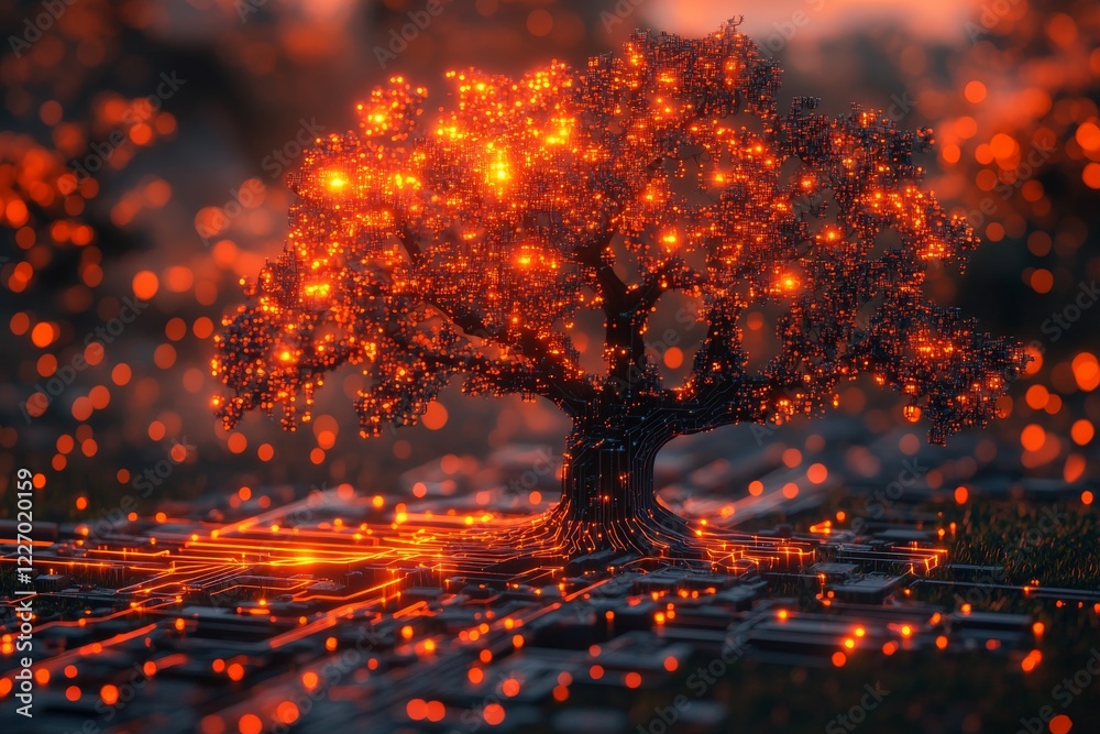 Poster A glowing digital tree emerges from a circuit board at sunset, symbolizing the fusion of nature and technology