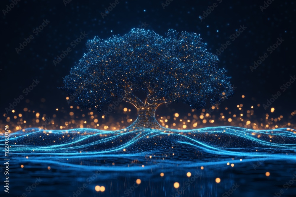 Poster Illuminated tree in a digital landscape with glowing particles and waves during nighttime