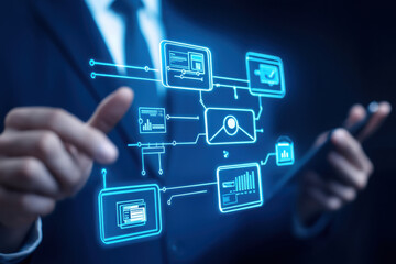 corporate executive presenting digital workflow optimization with interactive graphics. image conveys innovation and technology in business environment