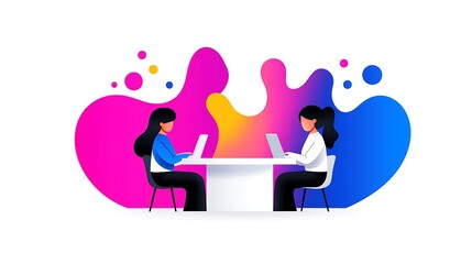 Two Businesswomen Collaborate Using Laptops at Modern Table, Vibrant Abstract Background