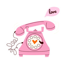 Vintage telephone. Hand-drawn old phones with heart. Concept of Valentine's day, romance, good moments, love, talks. For poster, greeting card, invitation, flyer, banner, stickers