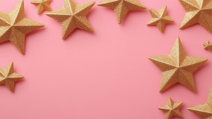 Obraz premium Glimmering gold star shapes scattered on standard pink background decorative elements whimsical concept