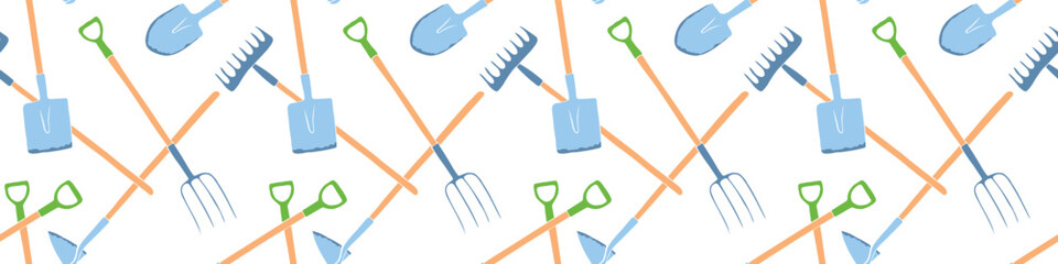 Seamless pattern with garden equipment: shovels, spades, rakes, hoes, pitchforks. Vector backgrounds and textures with tools for working on the farm, in dacha, country site in flat style